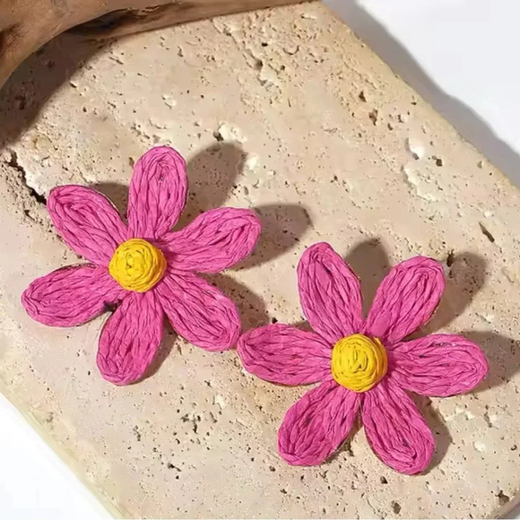 Lalita Pinkish Sky Boho Raffia Flower Earrings - Picture 3 of 9